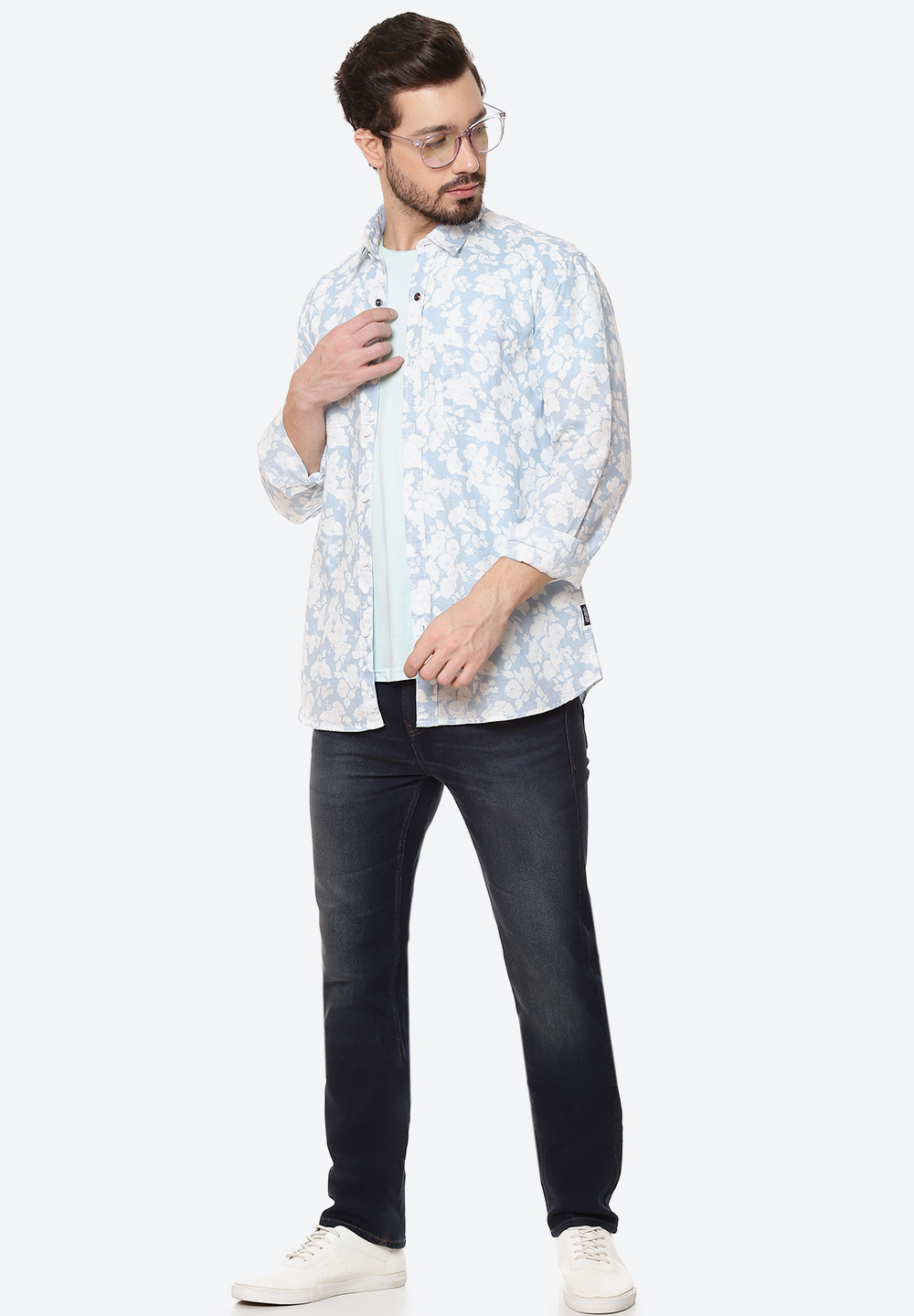 Numero Uno Men Floral Print Light Blue Shirt